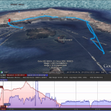 track20150821Santorini  Santorini, the most naturally stunning place we visited. The red arrow marks where we had breakfast after riding up the cliff on mules. You can see where Mike went diving on the lower R, near the island of Aspronisi.