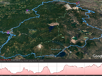 route-all-v5  The entire ride, all 5 days, with daily stops marked in pink. This understates the mileage and climb a bit because I had to remove GPS points to shrink it to a size Google Earth can handle.